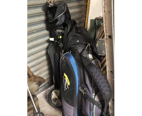 A POWERKADDY GOLF CADDY BAG PLUS A COUGAR CADDY BAG WITH A QUANTITY OF CLUBS TO INCLUDE STROKE MASTER, DUNLOP ETC