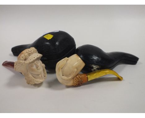 TWO VINTAGE CASED CARVED PIPES