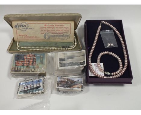 TWO VINTAGE BOXED NECKLACES PLUS A BAG OF CIGARETTE CARDS ETC