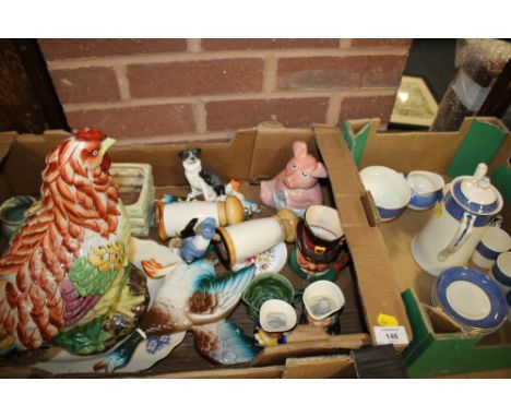 A TRAY OF ASSORTED CERAMICS TO INCLUDE A WADE NAT WEST PIG PIGGY BANK TOGETHER WITH A J&G MEAKIN COFFEE SET
