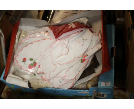 TWO TRAYS OF VINTAGE TEXTILES ETC. 