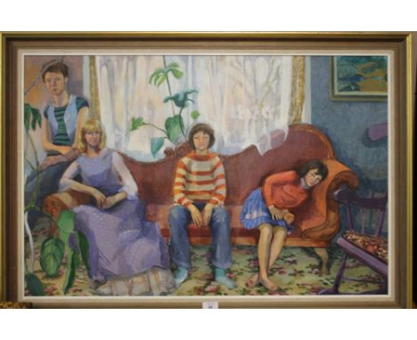 A MODERN FRAMED OIL ON BOARD OF A FAMILY UPON THE SOFA