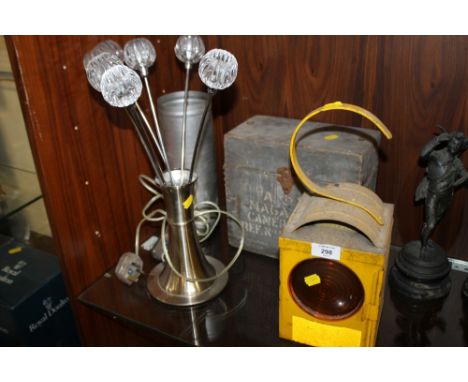 A VINTAGE PARKER RAILWAY LAMP, MILITARY STYLE BOX ETC