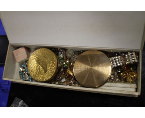 A BOX OF VINTAGE COSTUME JEWELLERY AND COMPACTS ETC