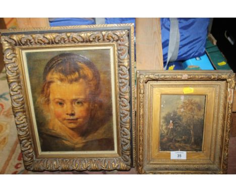 A 19TH CENTURY OIL DEPICTING A WOODLAND PATH A/F AND A GILT FRAMED PRINT DEPICTING A PORTRAIT OF A YOUNG BOY AFTER RUBENS (2)