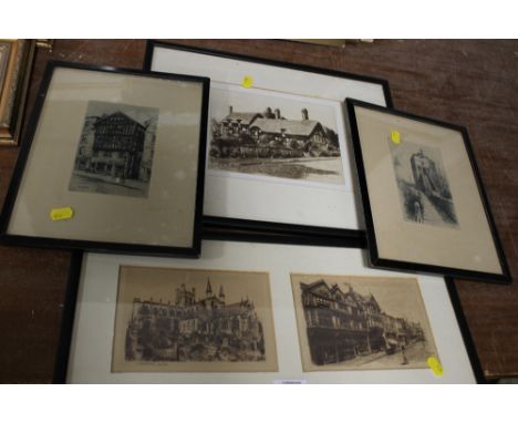 FOUR VINTAGE ENGRAVINGS OF BUILDINGS TO INCLUDE A SIGNED EXAMPLE