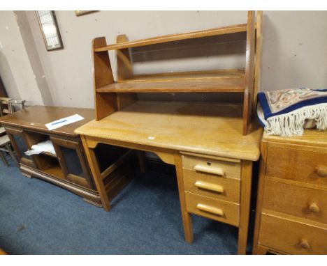 A LIGHT OAK SINGLE PEDESTAL DESK TOGETHER WITH TWO SHELVES  (3)