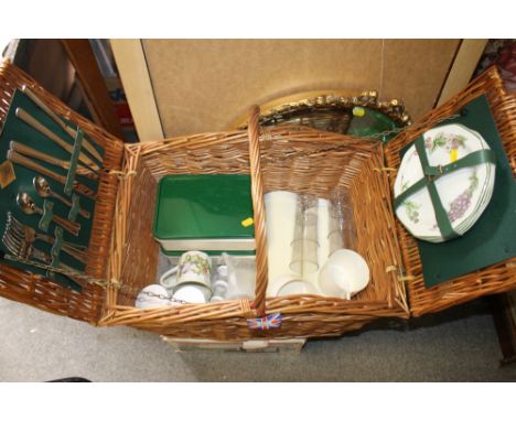 A WICKER PICNIC HAMPER CONTAINING CHURCHILL CHINA TOGETHER WITH A BOX OF CHURCHILL CHINA 