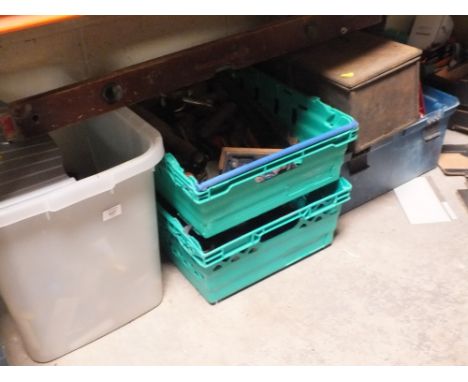 FIVE BOXES OF HAND TOOLS, PARTS, SOCKET CONNECTORS ETC