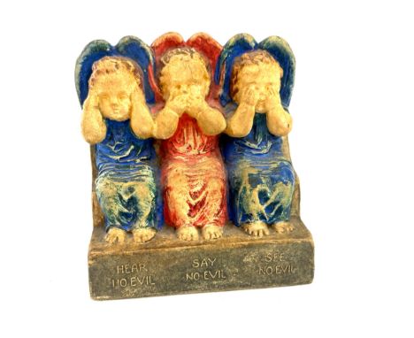Rare arts and crafts Mary Watts Compton pottery pottery group of three angels "speak no hear no see no evil" height 11cm