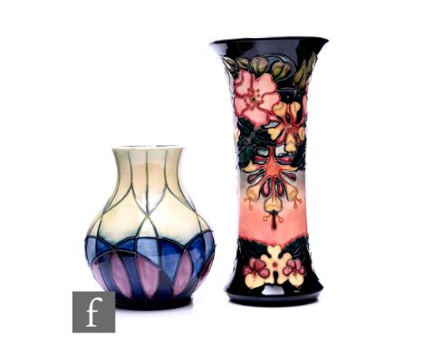 A Moorcroft Pottery Oberon pattern vase by Rachel Bishop, circa 1993, of cylindrical flared form, tubeline decorated with sum