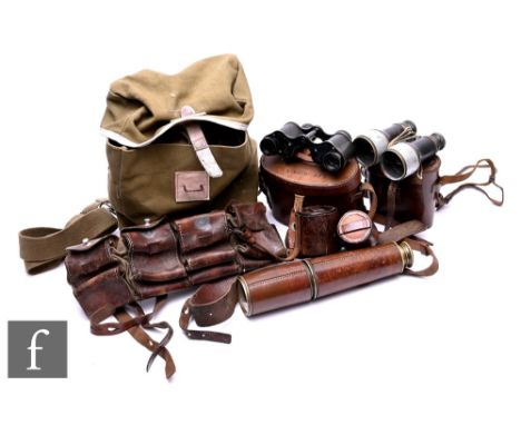 A pair of World War One officer's binoculars by Ross London dated 1917, a pair of field glasses, a three drawer brass and lea