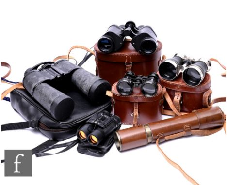 A pair of Russian 15x50 binoculars, cased, a pair of Barr &amp; Stroud binoculars, various other pairs and cases and a Broadh