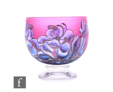 A Jonathon Harris, Ironbridge contemporary Silver Cameo Trial pedestal bowl, circa 2005, cased in silver over graded lilac an