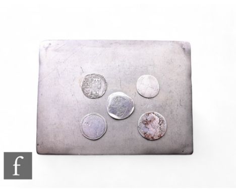 Four hammered silver James I to George II shillings and a 1745 Lima mint shilling contained in a metal wood line box. (6) Con