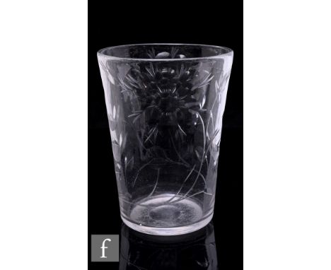 A large mid 18th Century Jacobite tumbler, possibly Scottish, slice-cut and engraved with multi-petalled roses on a stem with