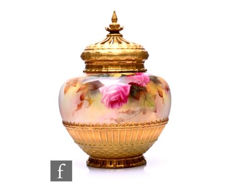 A Royal Worcester rose painted pot pourri vase by Reginald Austin, circa 1922, of compressed ovoid form, basketweave moulding