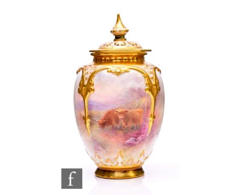 A Royal Worcester pot pourri vase and cover by Harry Stinton, circa 1952, of ovoid quarter lobed form with moulded foliate sp