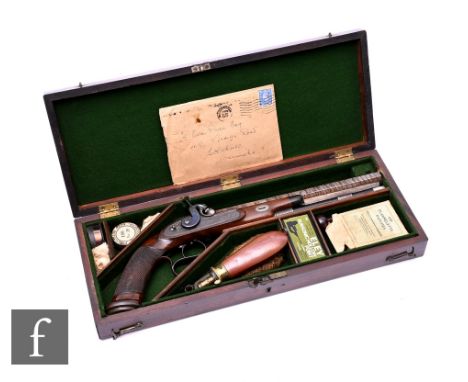A 19th Century percussion pistol by Greener, the 24cm octagonal Damascus barrel stamped 'W Greener 403 Oxford St London with 