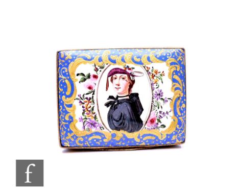 A George III enamel patch box, circa 1700, rectangular form, the cover with oval portrait panel of a young woman, in purple b