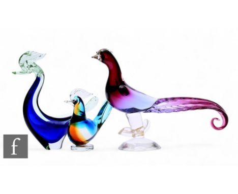 Three Murano mid Century glass birds, to include a perched bird, graded amethyst to clear glass, with eventurine crest and el