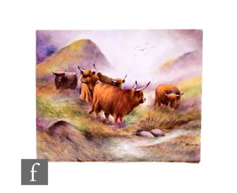 A later 20th Century painted porcelain plaque by Bryan Cox (Royal Worcester artist), Highland cattle in a mist shrouded mount