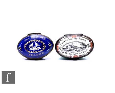 AA George III Bilston enamel patch box, circa 1800, of oval form, decorated to the cover with riverside house with boating fi
