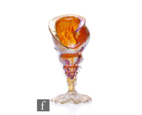 A late 19th Century&nbsp;Loetz Candia Papillion iridescent amber glass vase with silvered yellow splashes, of shell form supp