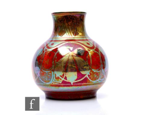 A Pilkingtons Royal Lancastrian lustre vase by Richard Joyce, circa 1918, of footed spherical form with drawn swept neck, pai