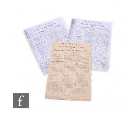 An 18th Century printed copy of the first Hicky's Bengal Gazette or Calcutta General advertiser, Saturday 29th January 1780. 