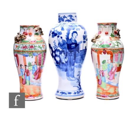 A collection of 19th Century Chinese vases, to include a match pair of Canton famille rose examples, heights 19.5cm, and a bl