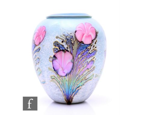 An Okra glass vase designed by Richard Golding, circa 2004, of ovoid form, with pink columbine type flowers on slender green 