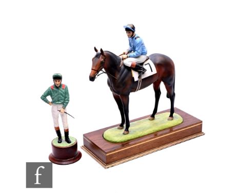 A Caughley model of a racehorse and rider, modelled by R Bensing, together with a Caughley figure of a jockey. (2) Condition 