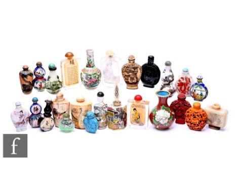 A collection of Chinese twenty seven snuff bottles and additional items, to include various porcelain, cinnabar, bone, enamel