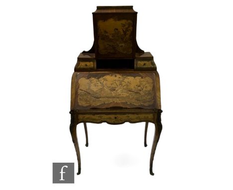 A late 19th Century French Louis XV style crossbanded kingwood and marquetry inlaid bon-heur-de jour, the caddy top enclosed 