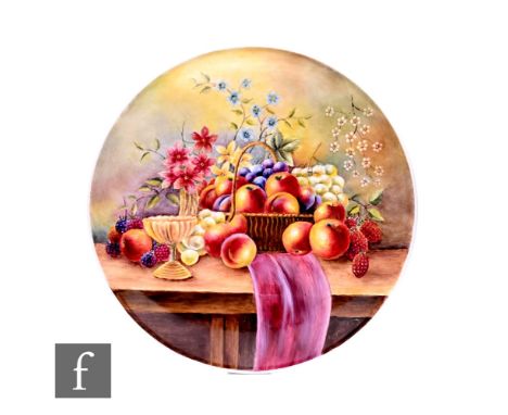 A later 20th Century fruit painted porcelain circular plaque by Bryan Cox (Royal Worcester artist), decorated with a fruit fi