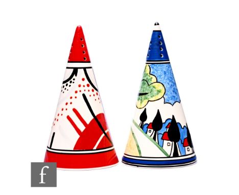 A Wedgwood Bizarre by Clarice Cliff limited edition 'May Avenue' sugar sifter, of conical form, no.1/500, height 14cm, togeth