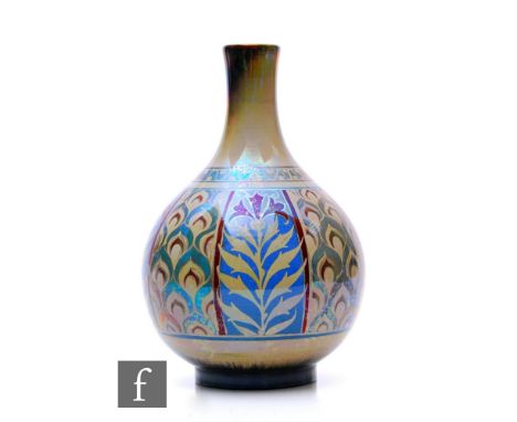 A Pilkington's Royal Lancastrian lustre vase by William S Mycock, circa 1911, of footed compressed ovoid form with drawn swep