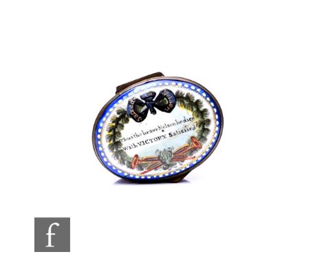 A George III Bilston enamel patch box, circa 1800, of oval form, decorated to the cover with verse 'Thus the Brave Nelson he 