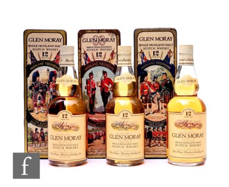 Three bottles of Glen Moray 12 years aged 'Highland Regiments' single malt whisky, to include The Queen's Own Cameron Highlan