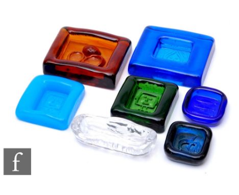 A group of four Swedish Kosta Boda Modernist glass slab Robot bowls or paperweights designed by Erik Hoglund, to include patt