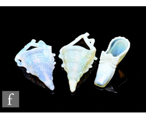 A late 19th Century Burtles, Tate &amp; Co, Manchester white opalescent pressed glass hanging posy basket formed as a shell w