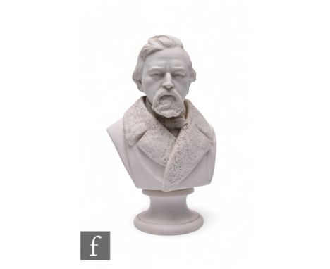 A Robinson and Leadbetter Parian bust of George Jacob Holyoake, integral circular socle, marked R&amp;L on reverse, height 27