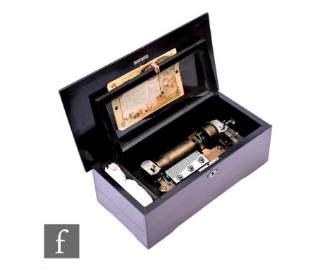 A musical box, serial No 81567, by M F, playing six airs, cylinder 9.2cm, original tune card, external handle operation, simu