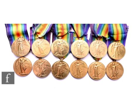 Twelve World War One Victory medals to 2814 Pte W.E. Taylor Middlesex Reg, 201721 Gnr R.F Sims, R.A, 8863 Pte J.T Pegg R.A.M.