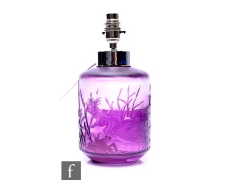 A later 20th Century cased cameo glass lamp, decorated with ducks in a pond landscape in amethyst, height 27cm. Condition rep