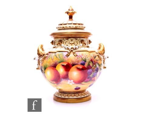 A late 20th Century Royal Worcester (unmarked) fruit painted covered Bow vase by Bryan Cox, decorated in the round with apple