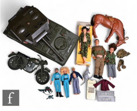 A collection of action figures to include a Palitoy Action Man Action Soldier with box, two Mego Fantastic Four figures, a Pe