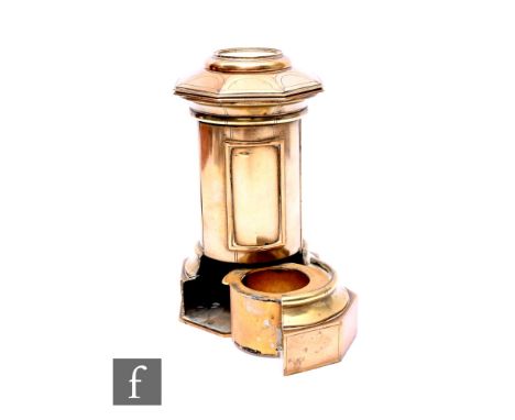 A late 19th Century brass miniature post box, stamped Hopkins 22 New Bond Street, London, the octagonal cover inset with a co