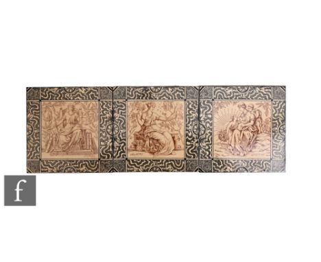 Three Maw &amp; Co 6 inch dust pressed tiles, circa 1875, from the Classical Muses series, Affection, Industry and Justice, s